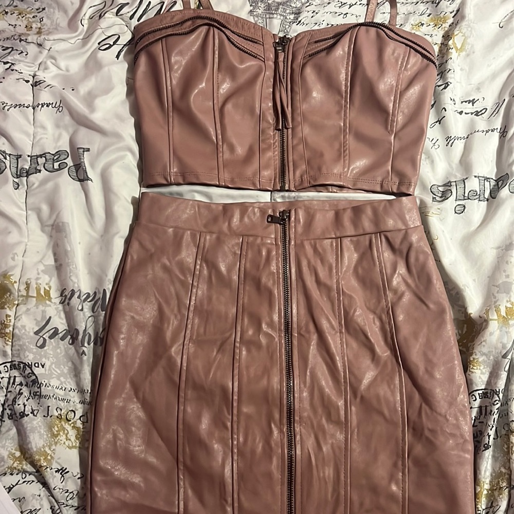 Haute Monde zip up leather corset top and leather skirt set
